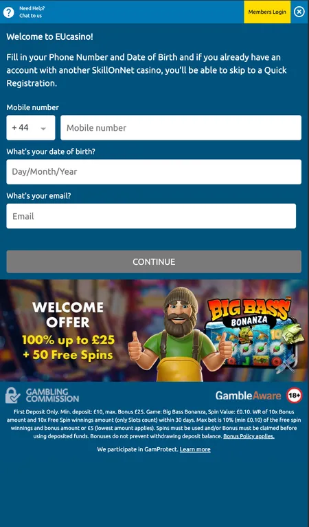 EU Casino registration form step one